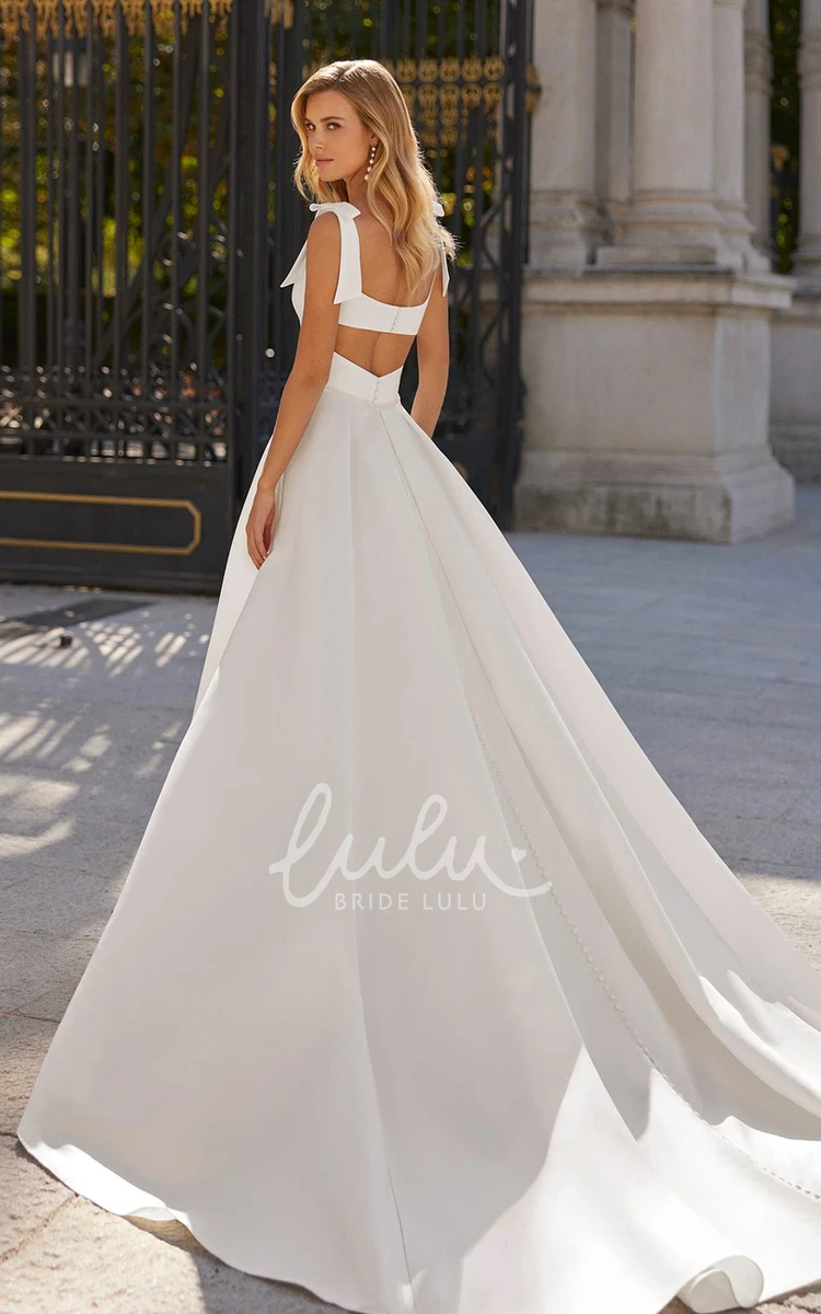 Minimalist Wedding Dress A Line Wide Strap Satin Square Neck Backless Bridal Gown
