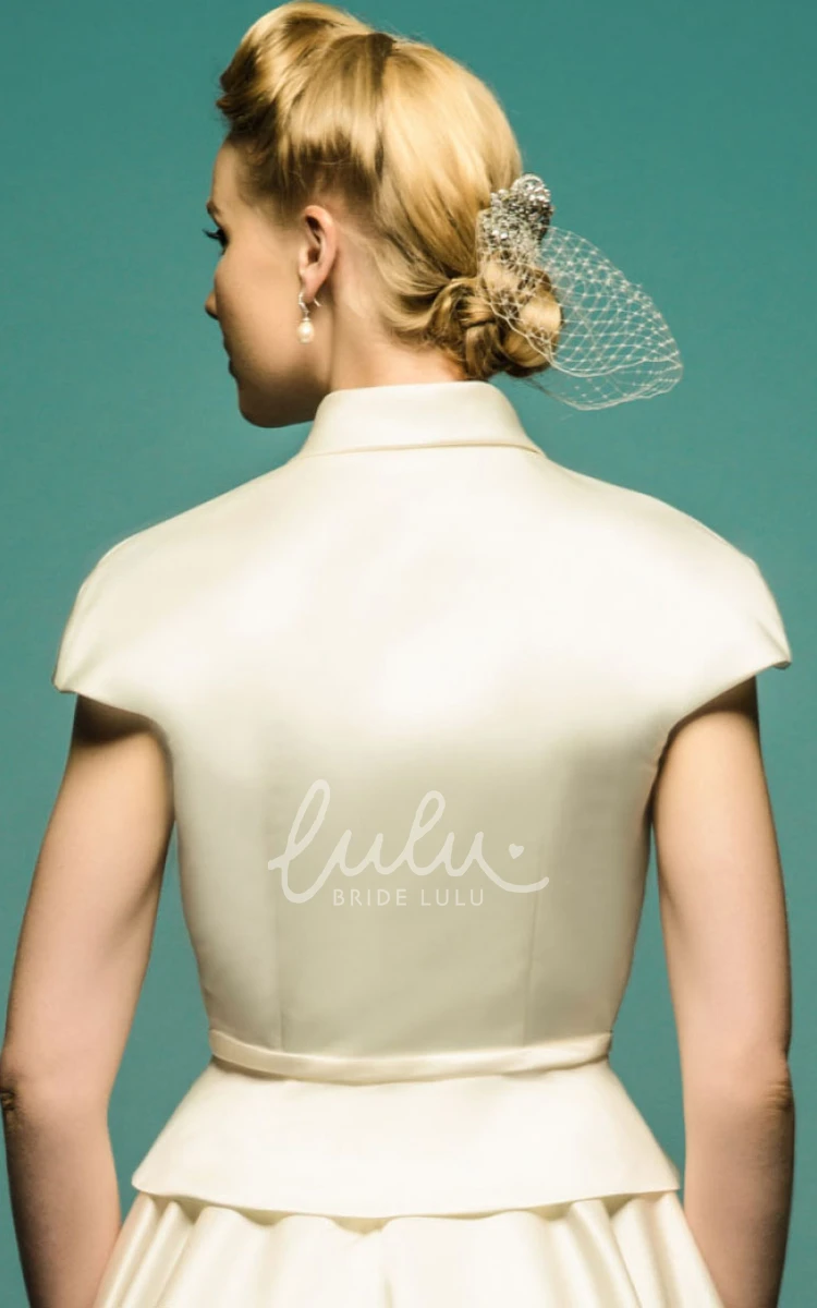 Satin A-Line Wedding Dress Tea-Length Cap Sleeve Scoop Neck