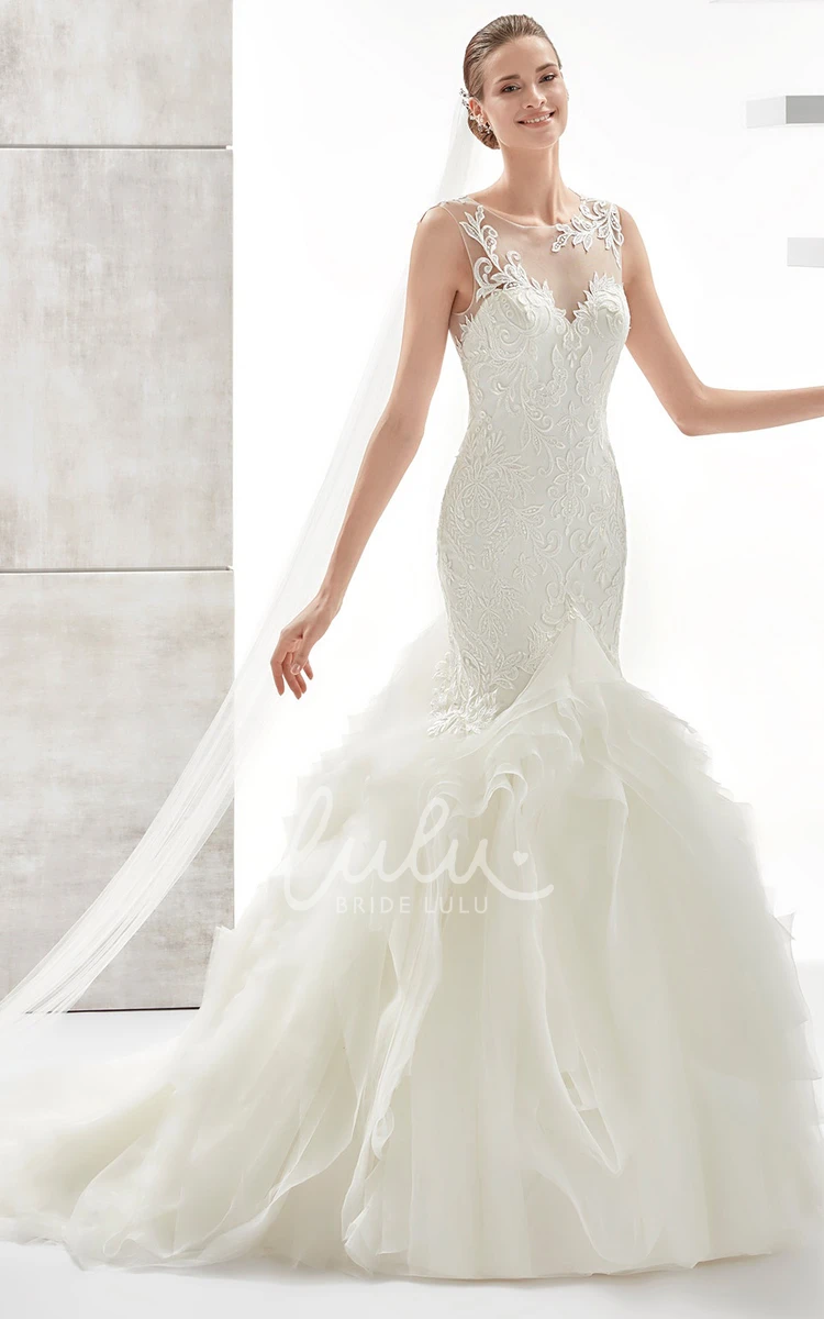 Illusive Design Mermaid Wedding Dress with Jewel Neckline and Ruffled Train Unique Bridal Gown