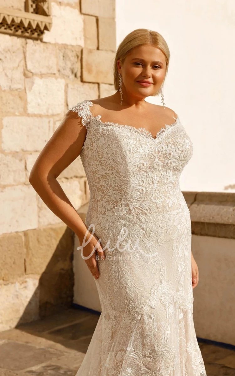 Plus Size Bohemian Wedding Dress Mermaid Straps Sleeveless with Low-V Lace Button Back