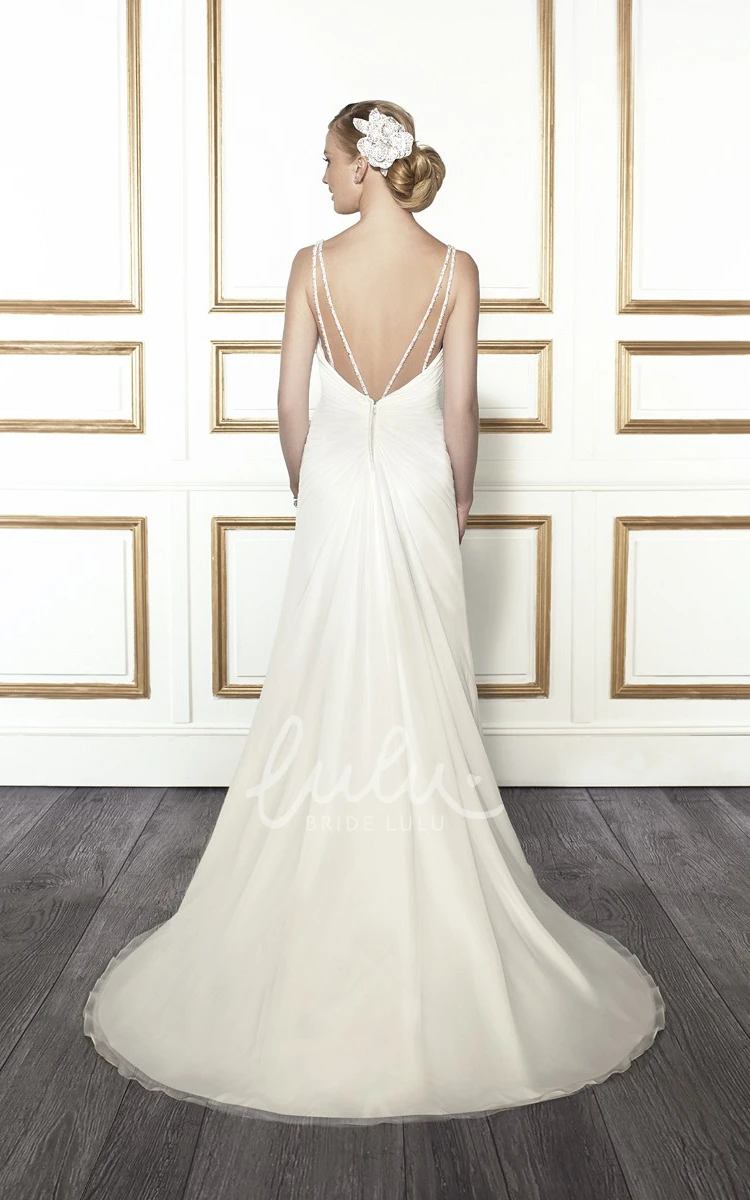 V-Neck Satin Wedding Dress with Epaulet and Low-V Back A-Line Floor-Length Bridal Gown