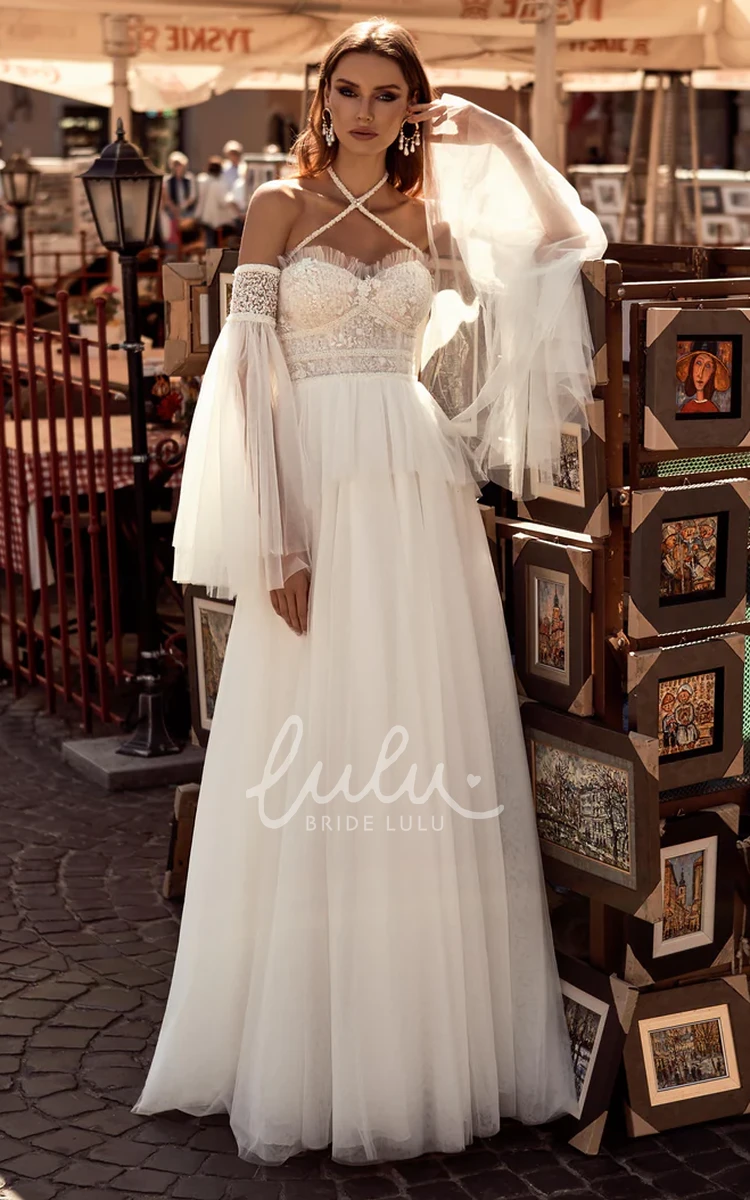 Ethereal A-Line Lace Sweep Train Country Wedding Dress Lace with Long Sleeve