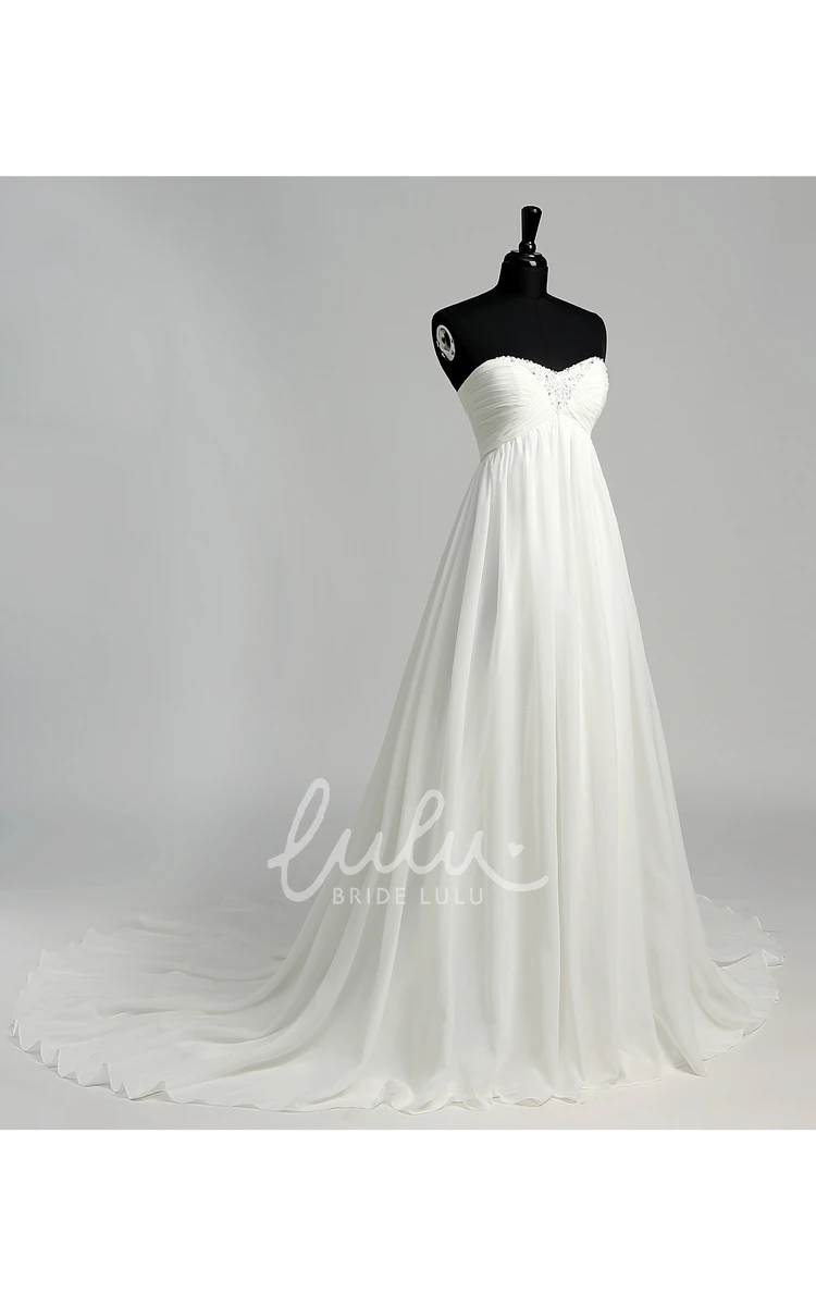 Chiffon A-line Wedding Dress with Sweetheart Neckline Sleeveless Design Beaded Bodice and Ruched Skirt