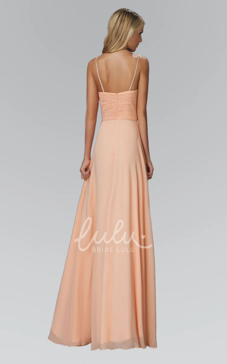 Spaghetti Sleeveless Chiffon Sheath Prom Dress with Beading and Floor-Length