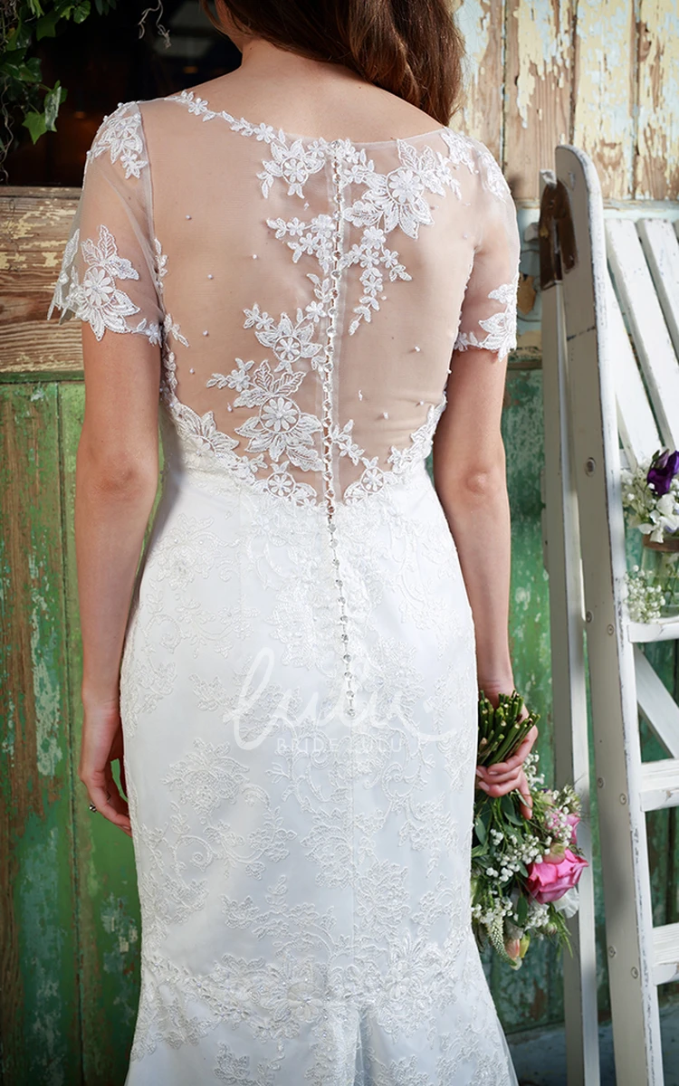 Illusion Appliques Lace Wedding Dress with Short-Sleeve Bateau-Neck Sheath