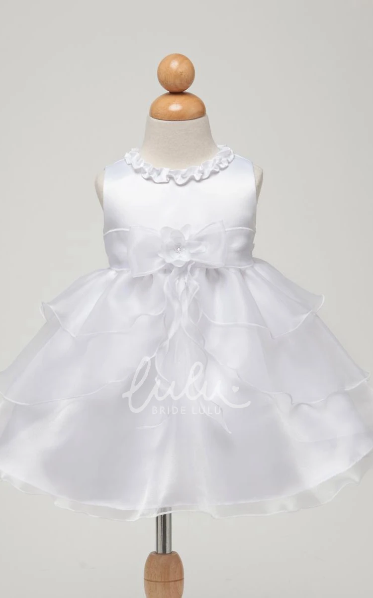 Bowed Tea-Length Organza&Satin Flower Girl Dress with Ruched Bodice