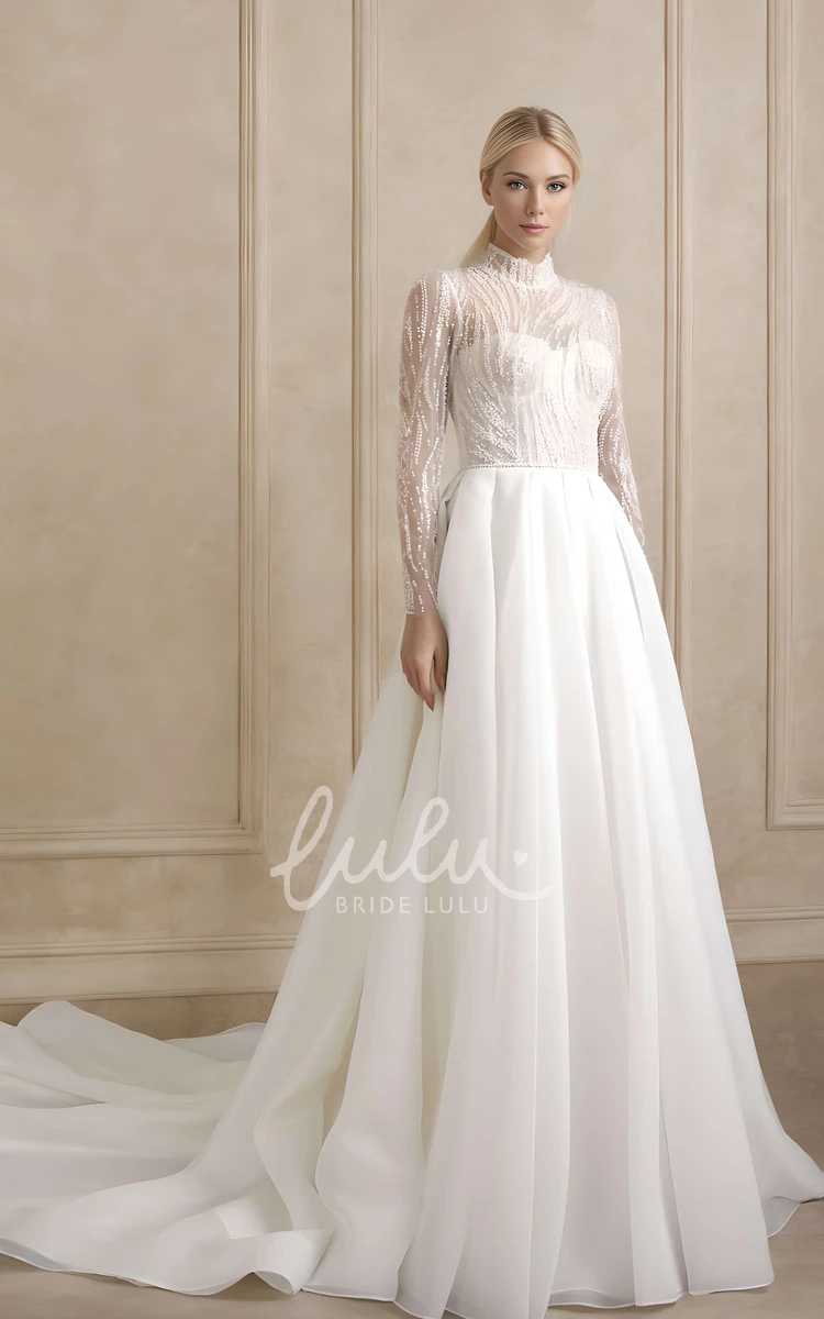 Modern Unique A-Line High Neck Long Sleeve Spring Embroidered Wedding Dress Beach Elegant Bohemian Lace Sequins Pearl Organza Bridal Gown with Train