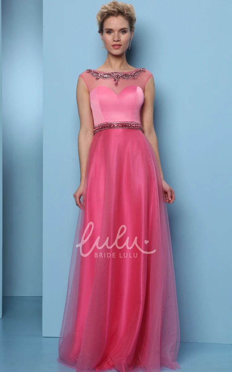 Long A-Line Prom Dress with Scoop-Neck Beaded Tulle & Satin and Waist Jewellery