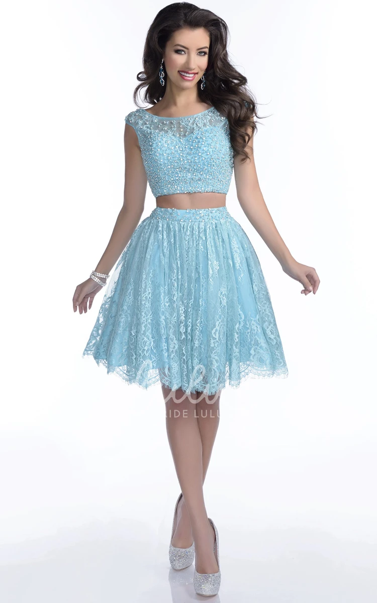 A-Line Bateau Neck Prom Dress with Crop Top Lace Skirt and Beadwork Classy Formal Dress