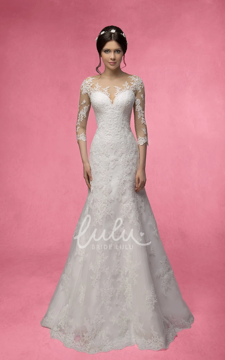 Illusion Lace Mermaid Prom Dress with Appliques and 3/4 Sleeves