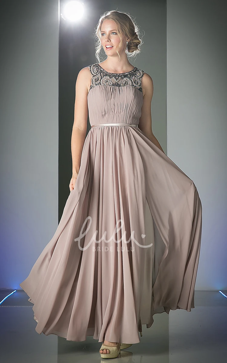 Ankle-Length Scoop-Neck A-Line Dress with Chiffon Illusion Ruching and Beading