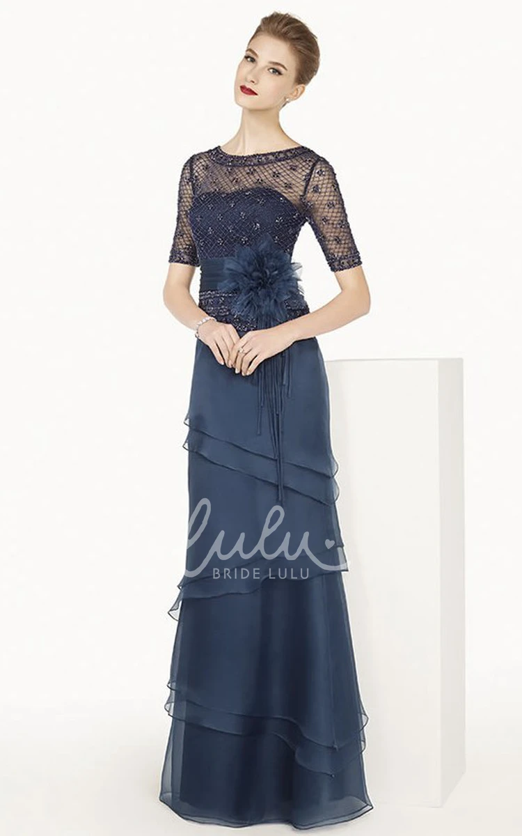 Layered Chiffon Flower Sash Long Formal Dress with Beaded Net Top