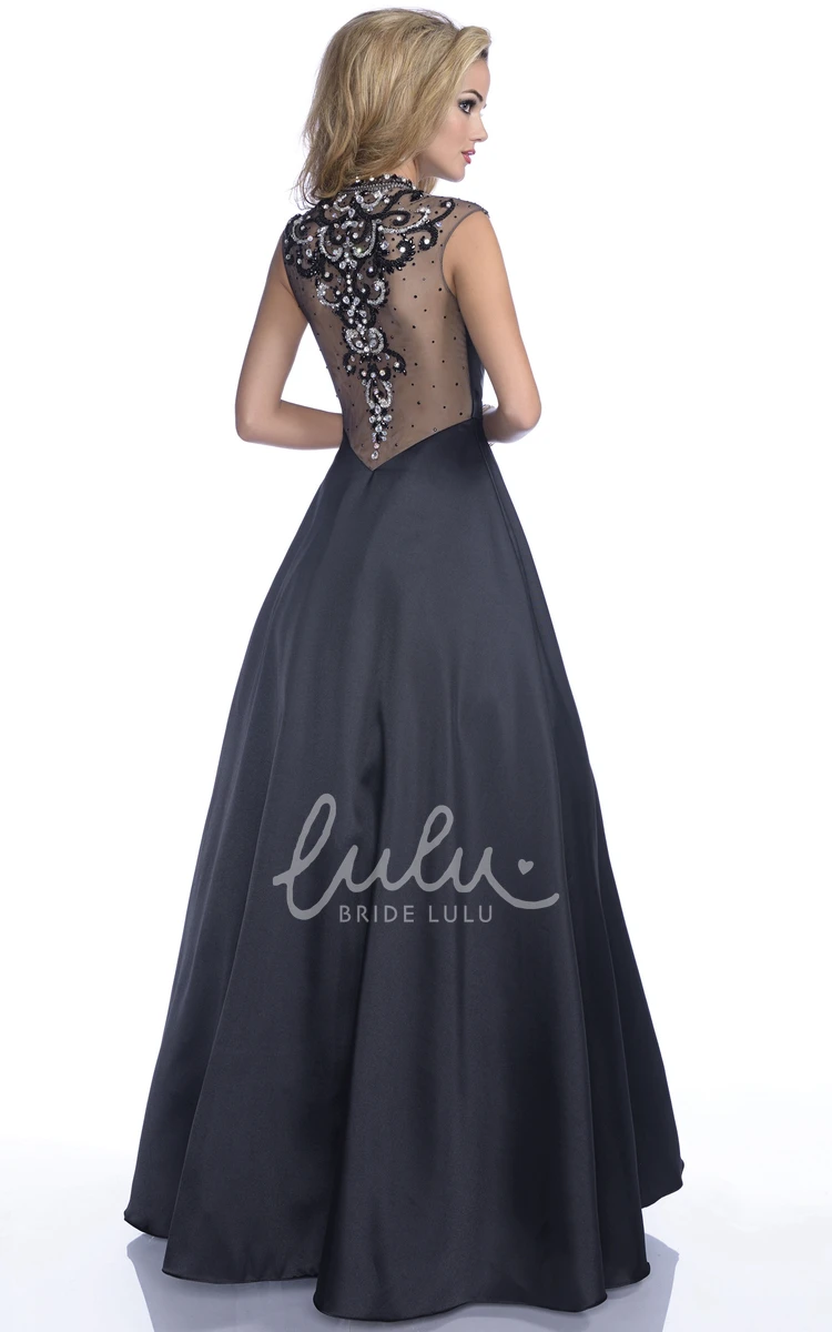 Floor Length Tulle Prom Dress with Jeweled Appliques and Cap Sleeves