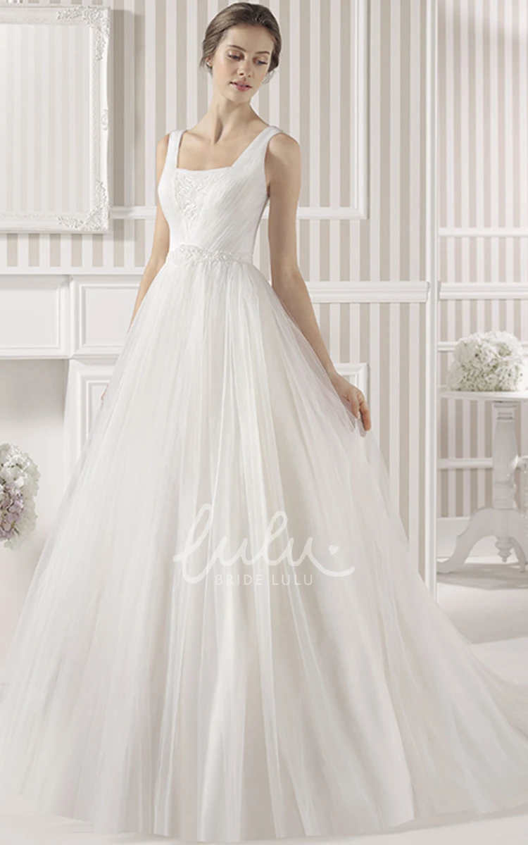 Square Neckline Ball-Gown Wedding Dress with Appliques and Court Train