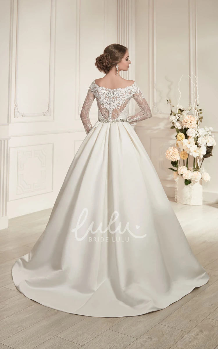 Illusion-Sleeve Satin Wedding Dress with Beading and Pleats