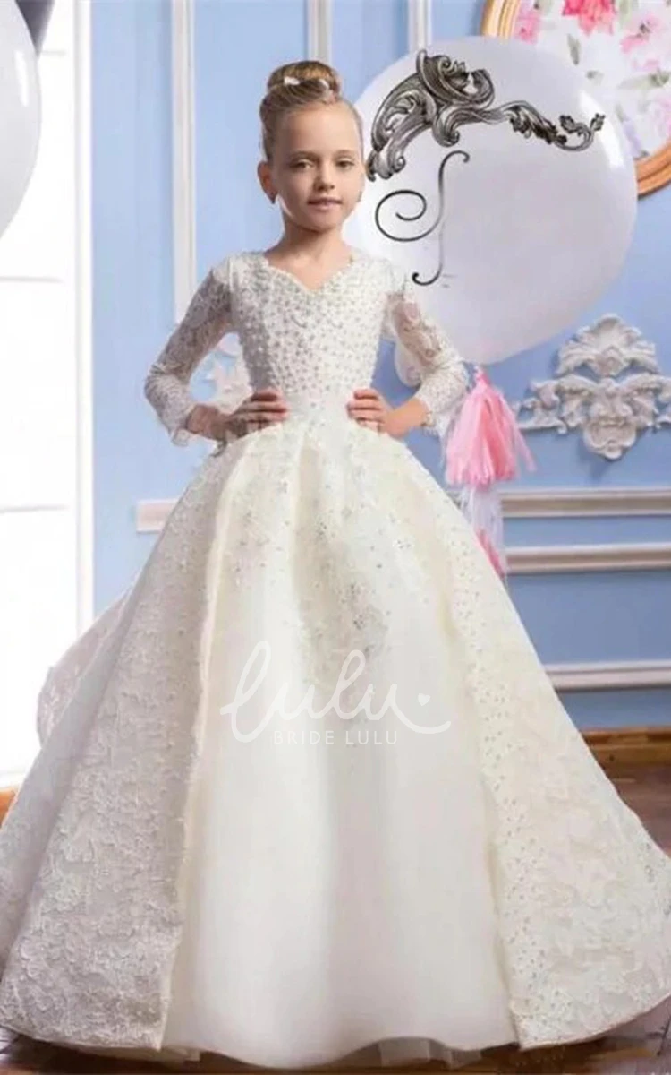V-Neck Laced Flower Girl Dress with Beading Tiered Ball Gown