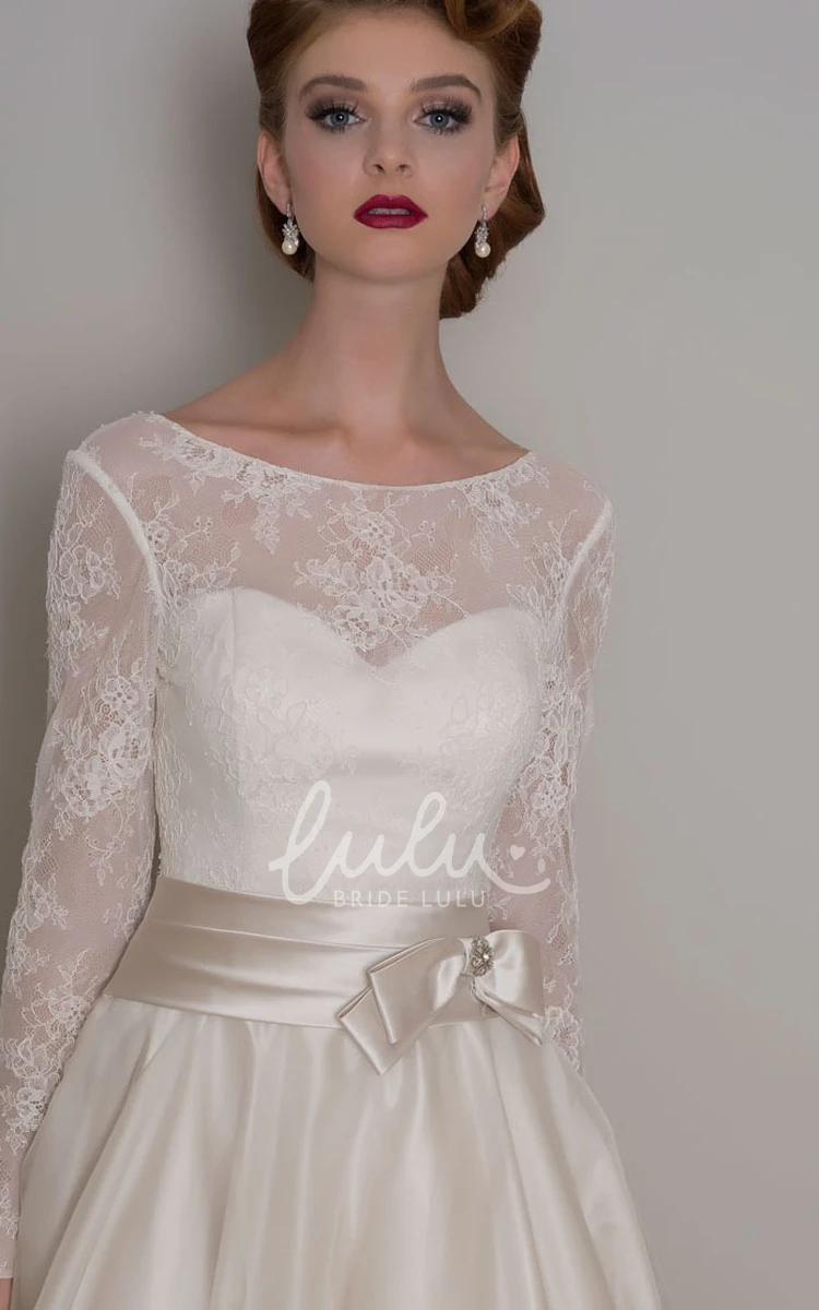 Satin&Tulle Floor-Length A-Line Wedding Dress with Bow Lace Long-Sleeve Bridal Gown