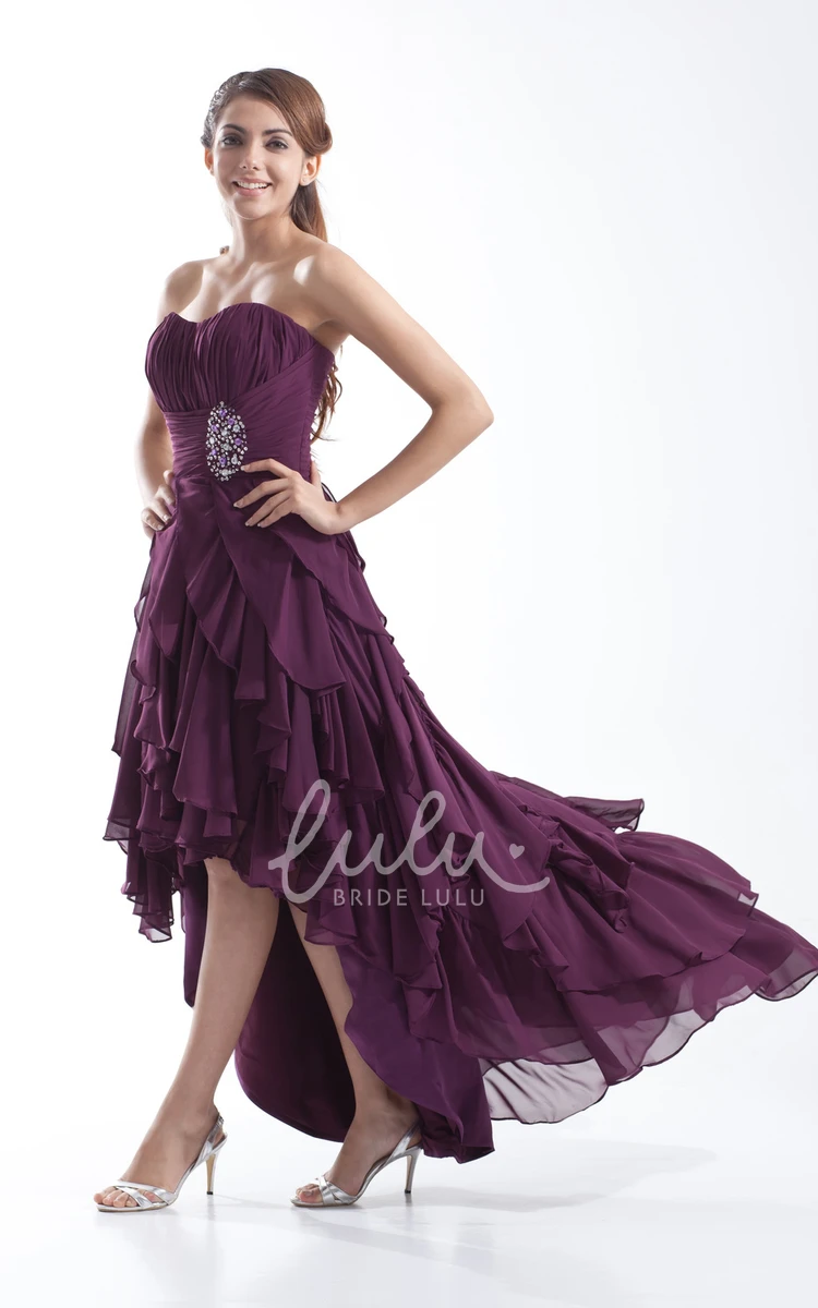 High-Low Chiffon Prom Dress with Beading and Cascading Ruffles Sleeveless Sweetheart