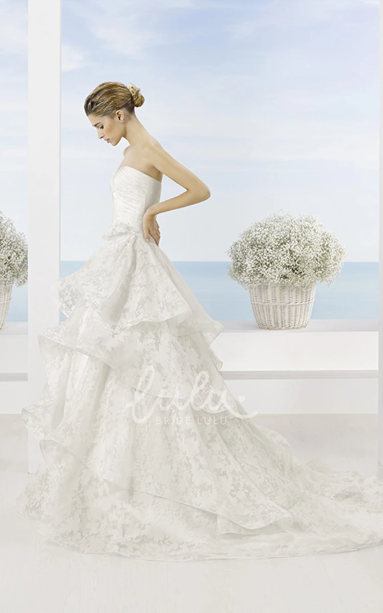 Draped Strapless Wedding Dress with Tiers and Flower A-Line