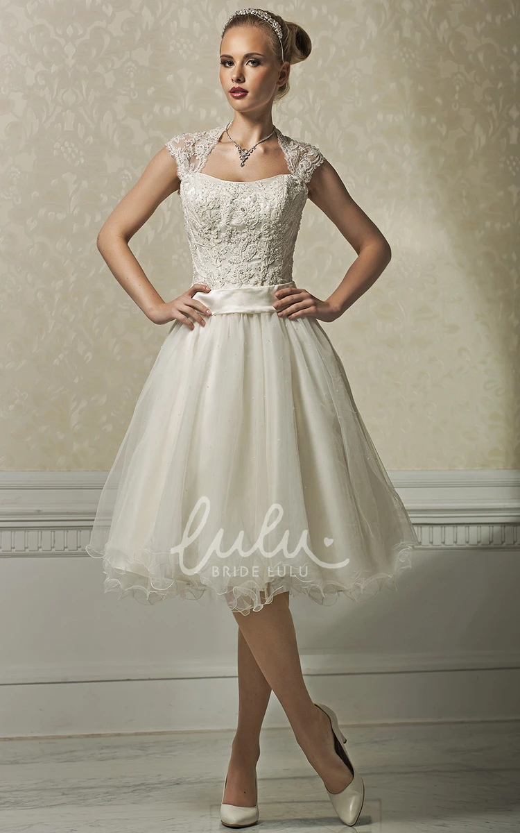 Lace&Organza A-Line Wedding Dress with Ruffles and Cape Knee-Length