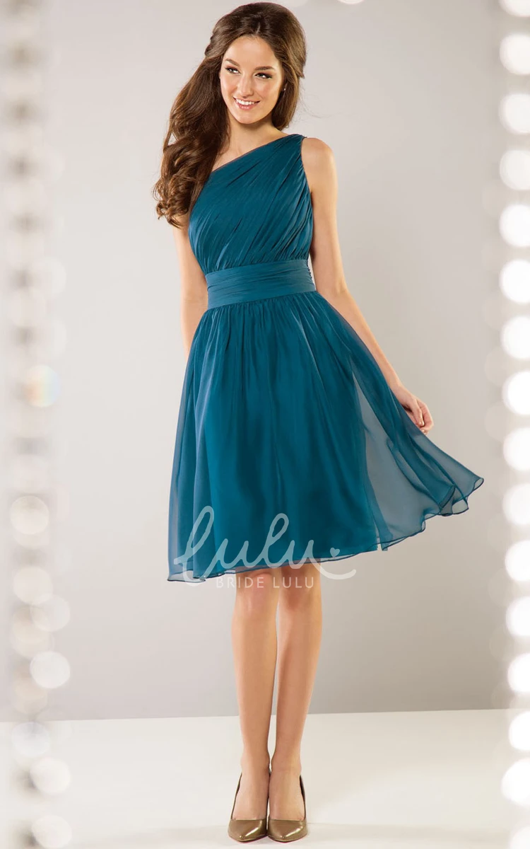 Beaded Pleated Knee-Length Bridesmaid Dress with One-Shoulder Design