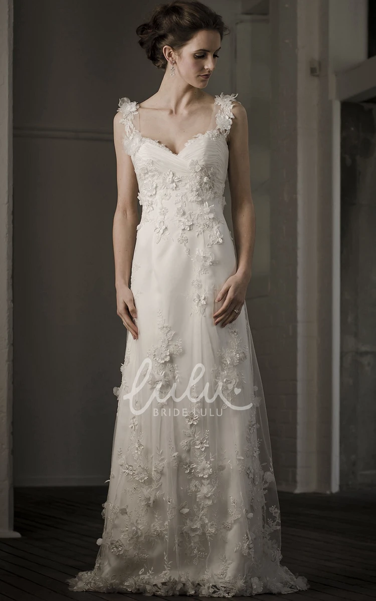 Sheath Floral Wedding Dress with V-Neck and Appliques