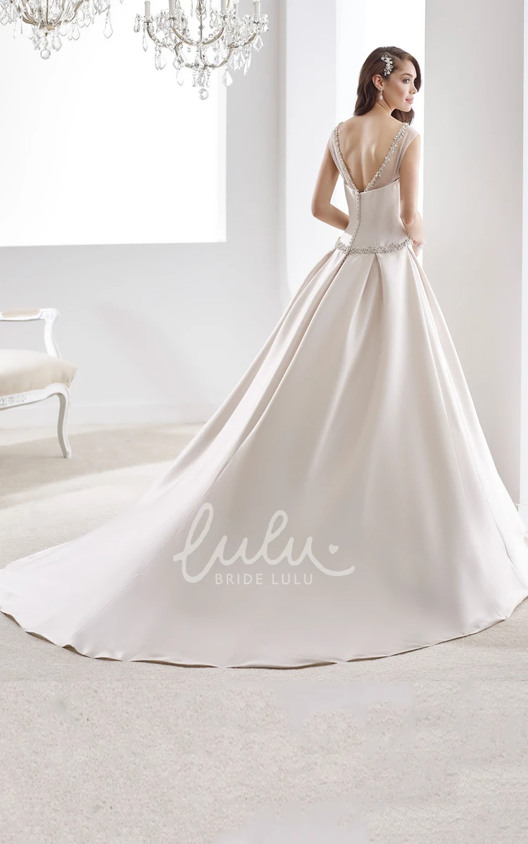 Satin Wedding Dress with Beaded Belt and V-Back A-line