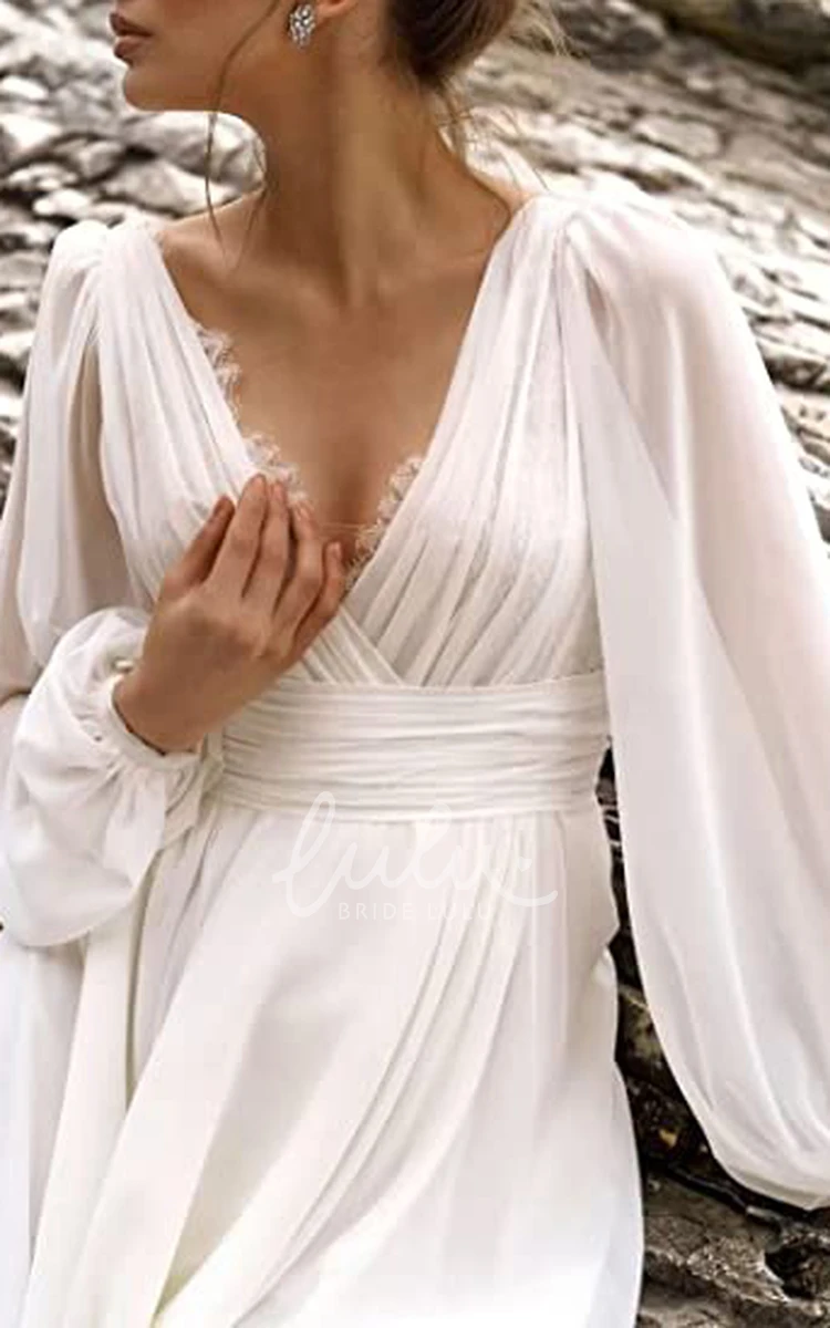 Bohemian Chiffon A-Line Wedding Dress with Open Back and Poet Sleeves Beach Garden Style