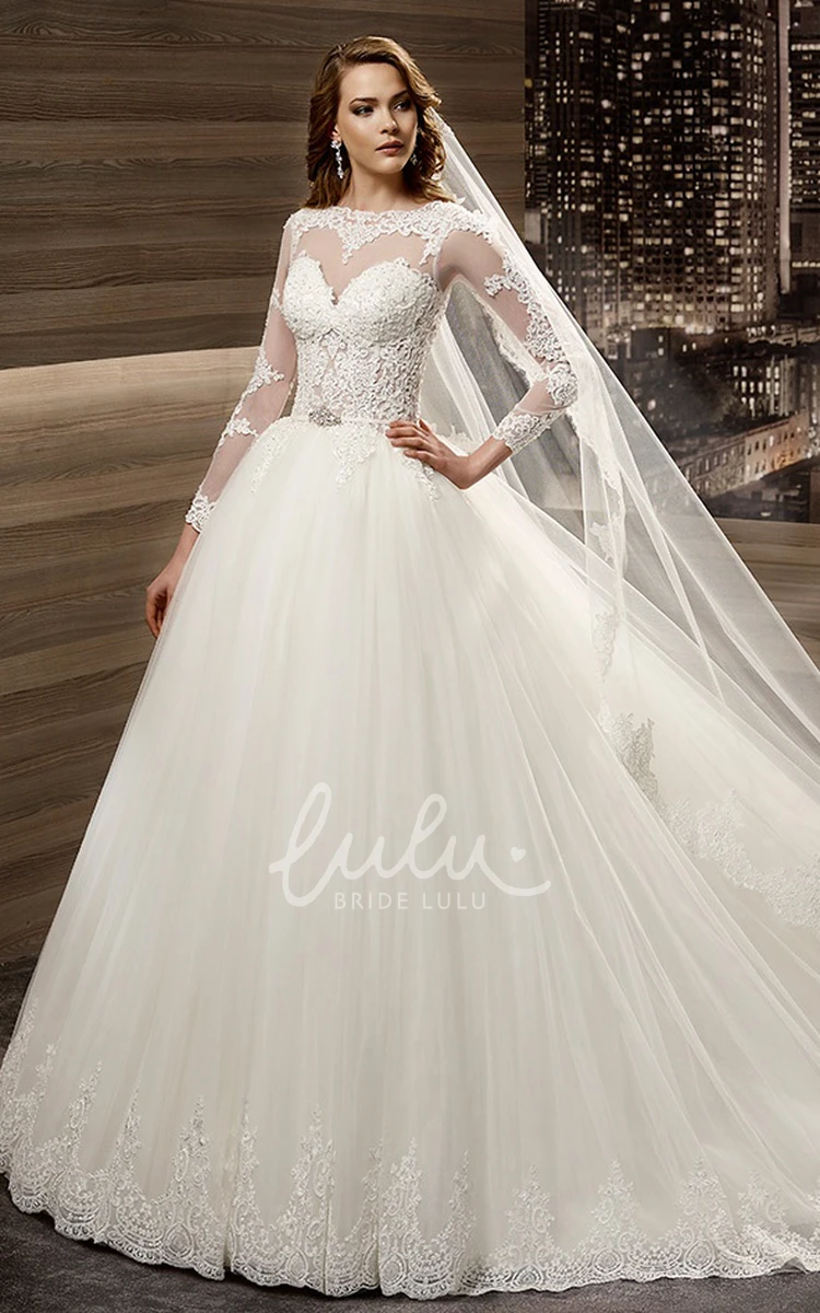 Long-Sleeve A-Line Wedding Dress with Lace Appliques Bodice and Brush Train