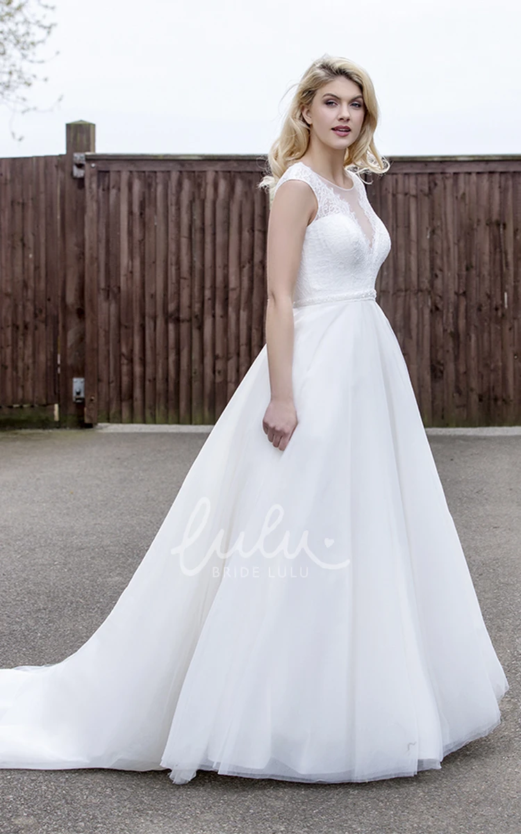 A-line Tulle Ball Gown with Illusion Lace V-neck and Back for Brides