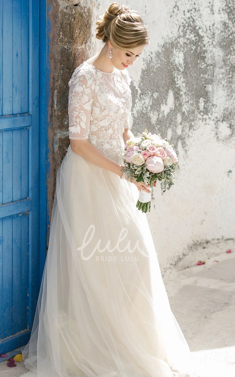 Elegant Modest Bateau Neck Tulle A-line Half Sleeve Wedding Dress Country Wedding Dress
