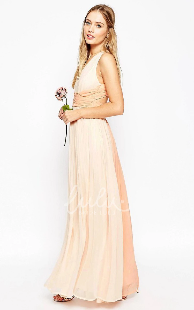 Sleeveless Chiffon Bridesmaid Dress with Pleats and Straps V-Neck