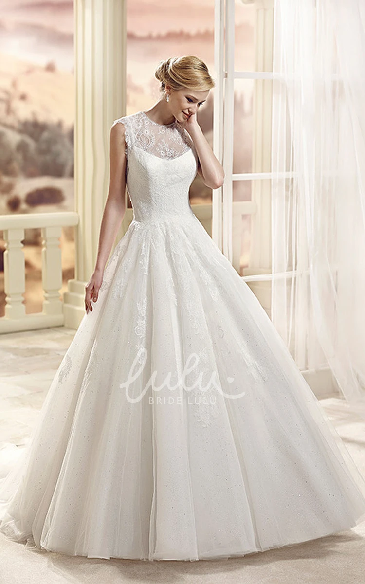 Scoop Neck Tulle A-Line Wedding Dress with Appliques and Floor-Length