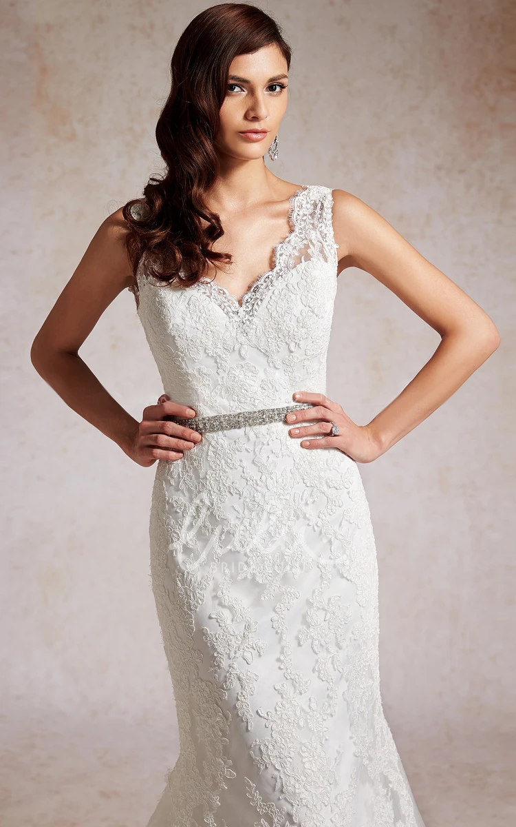 Sequin Applique V-Neck Mermaid Wedding Dress