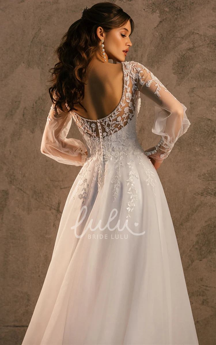Bohemian V-neck Tulle Wedding Dress with Appliques A Line Sweep Train