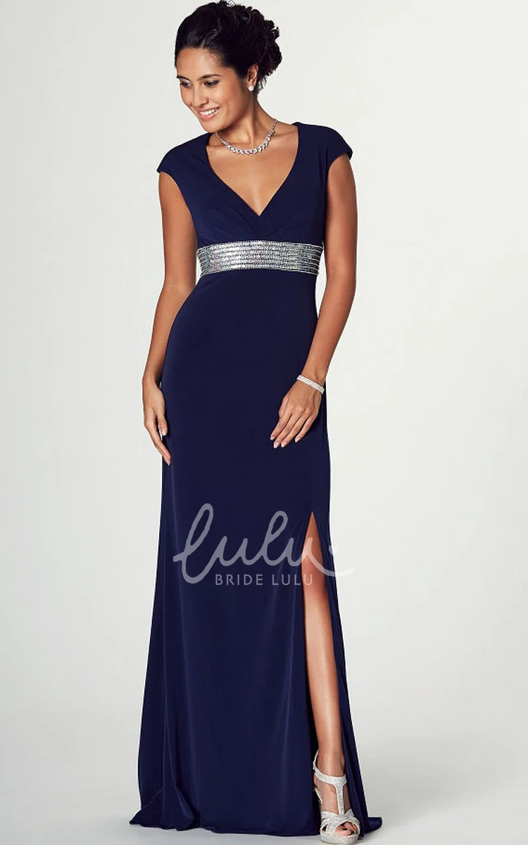 Jeweled V-Neck Cap Sleeve Jersey Prom Dress with Brush Train