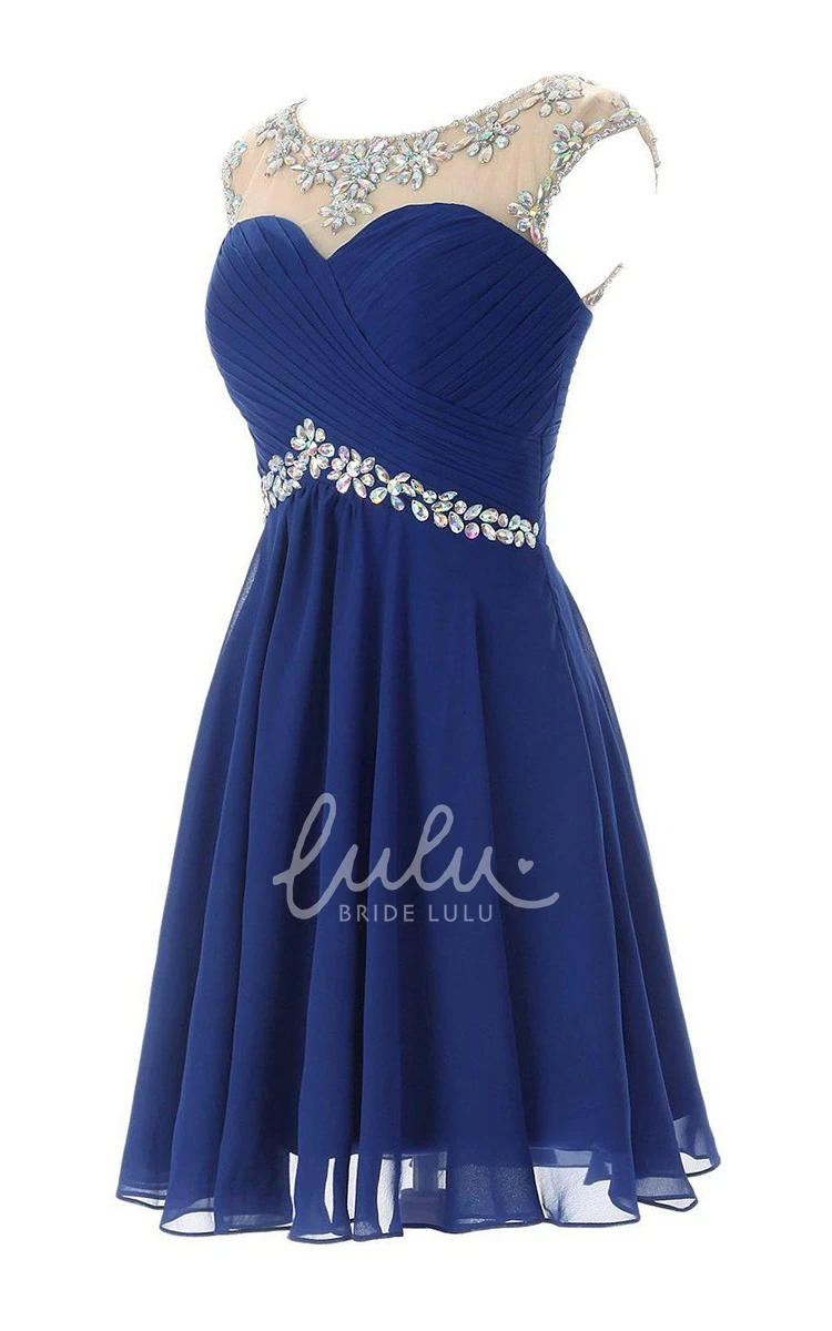 Chiffon Cap-Sleeve Dress with Beading and Keyhole Back for Bridesmaids