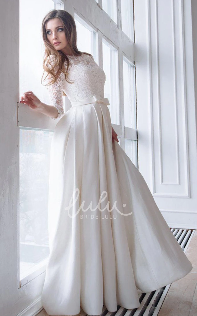 Satin A-line Wedding Dress with Lace Sleeves and Corset Back 