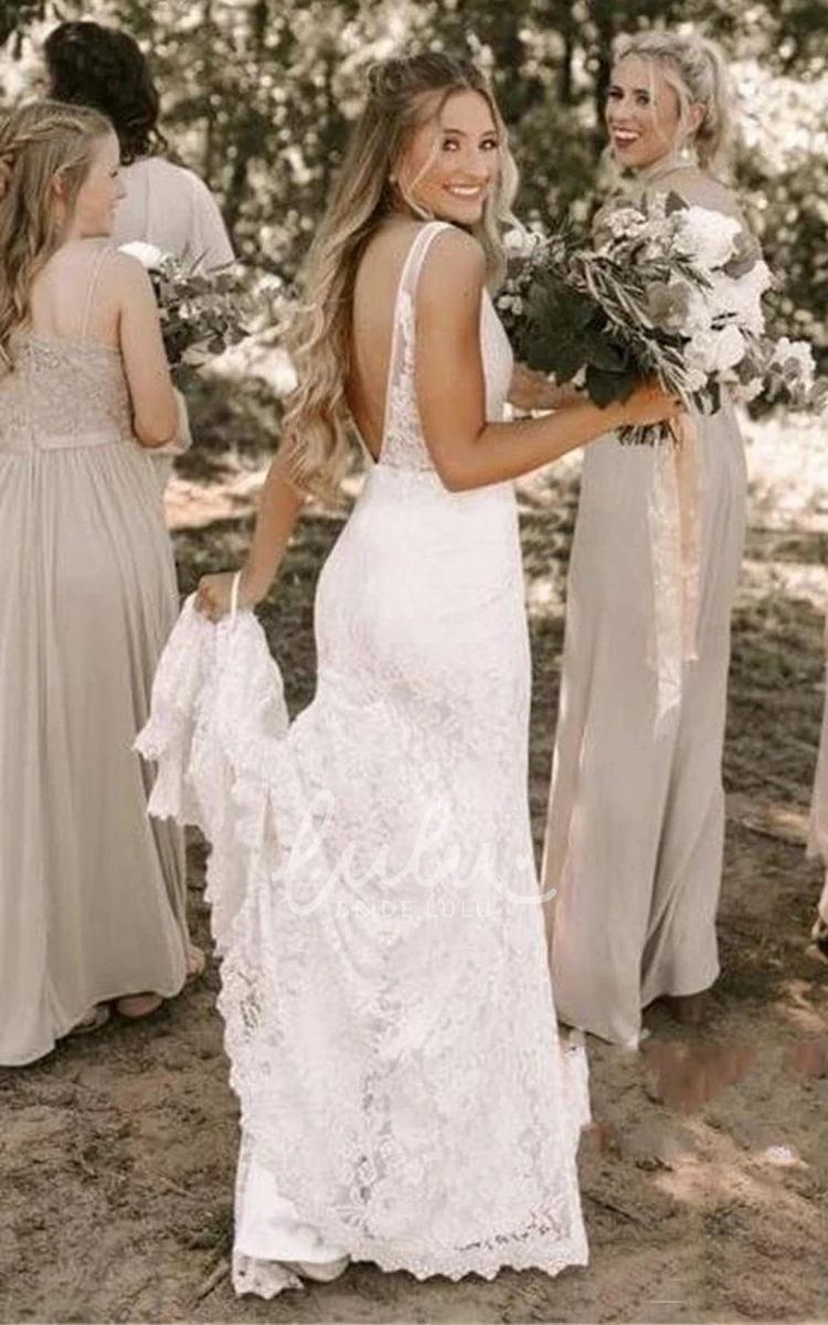 Ethereal Court Train V-Neck Lace Wedding Dress with Deep-V Back