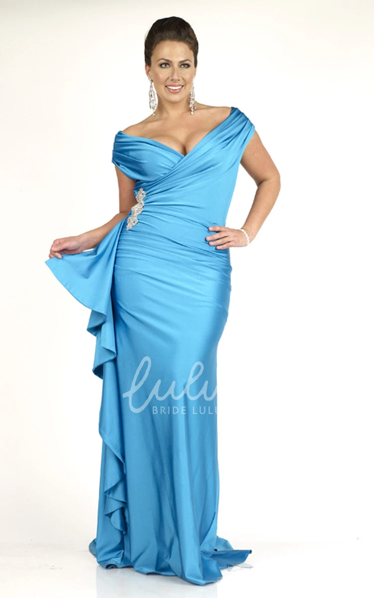 V-neck Jersey Side Draping Floor-length Dress with Sweep Train for Women