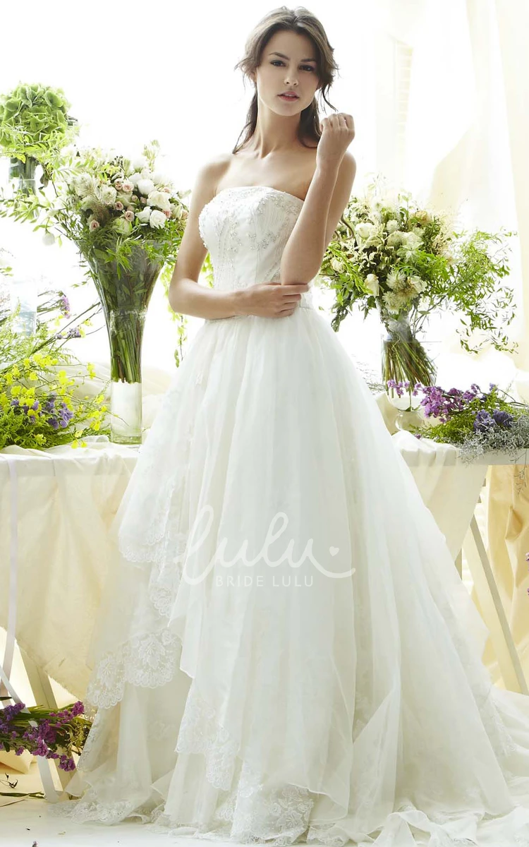 Beaded Appliqued Tulle Wedding Dress with V Back Strapless Style