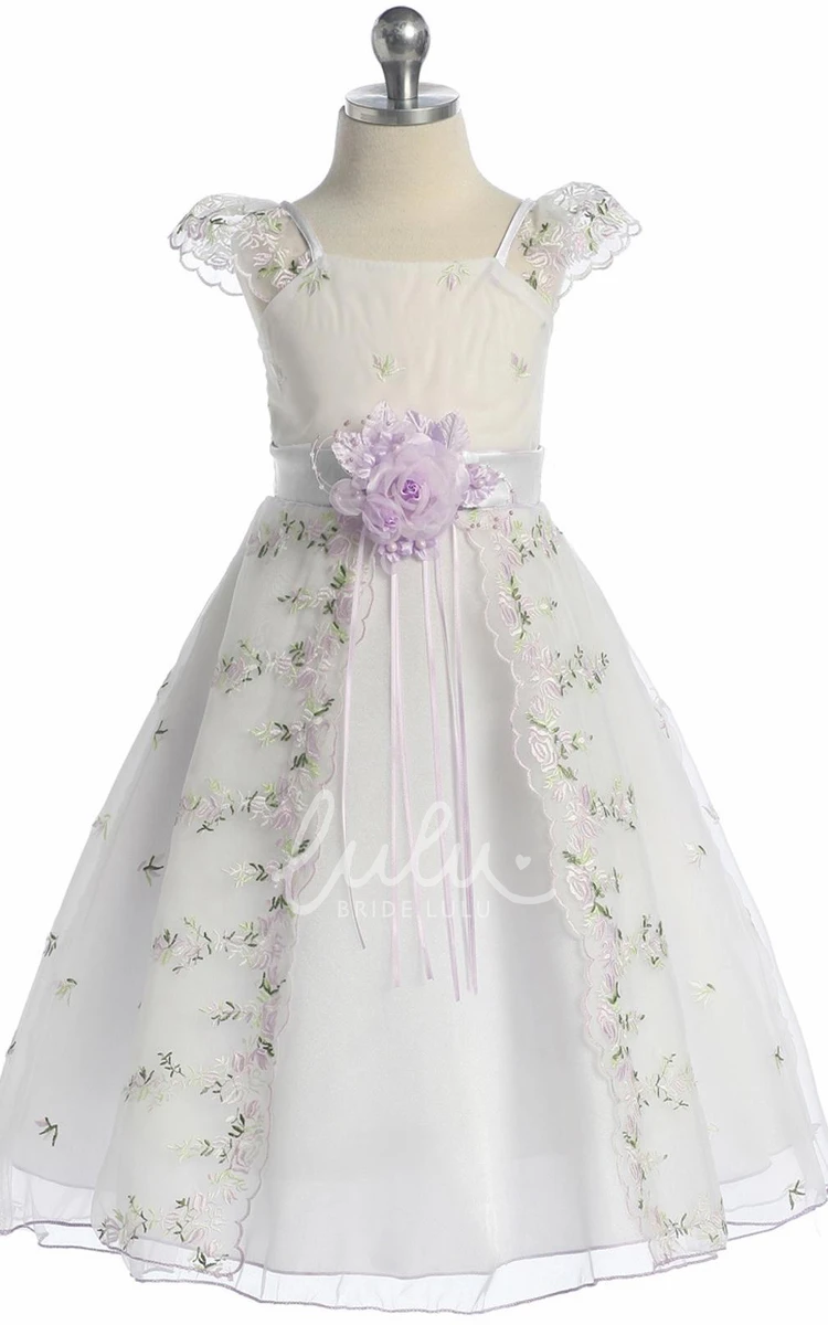 Floral Organza Flower Girl Dress with Embroidery Tea-Length Split Bow