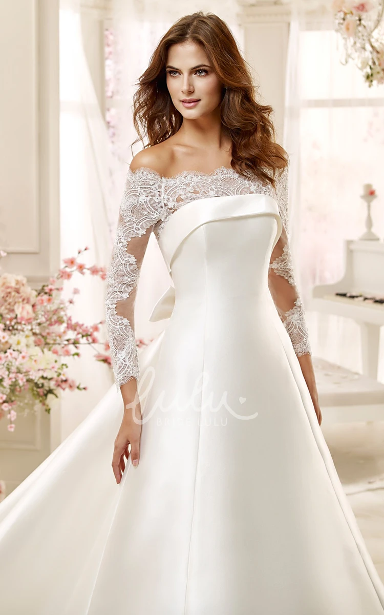 Off-Shoulder Satin A-Line Wedding Dress with Lace Sleeves