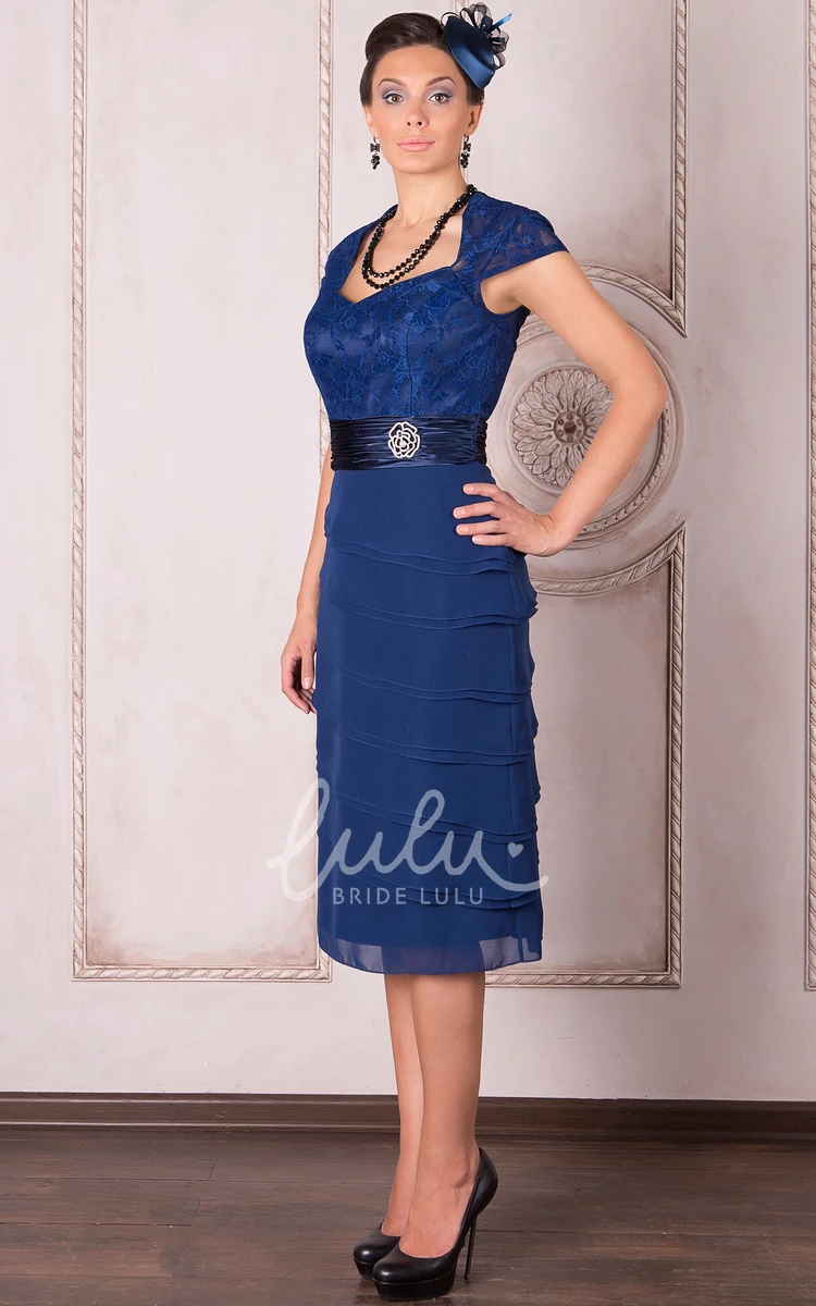 Chiffon Knee-Length Mother of the Bride Dress with Cap Sleeves and Square Neck