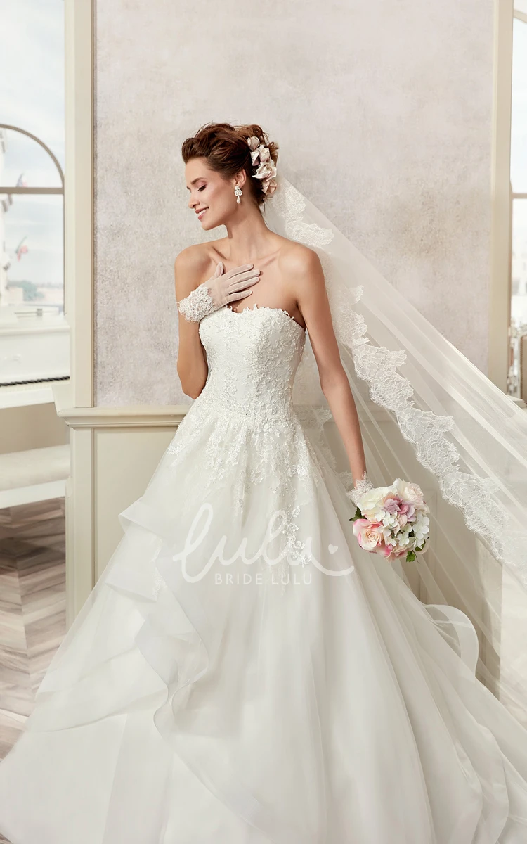 Asymmetrical Ruffles Strapless A-line Wedding Gown with Ruching and Appliques Chic Bridal Gown