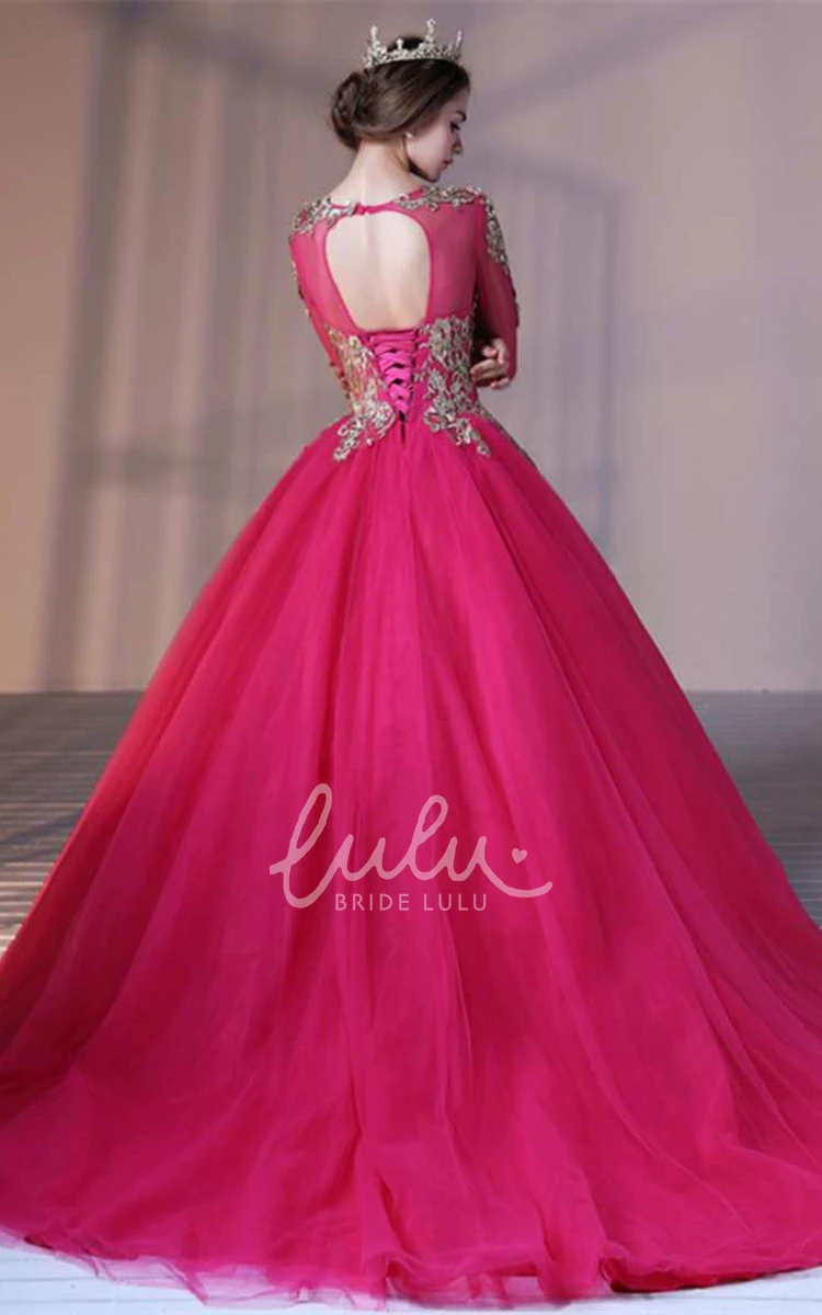 Lace Sleeve Tulle Ball Gown with Keyhole Back Elegant Formal Dress