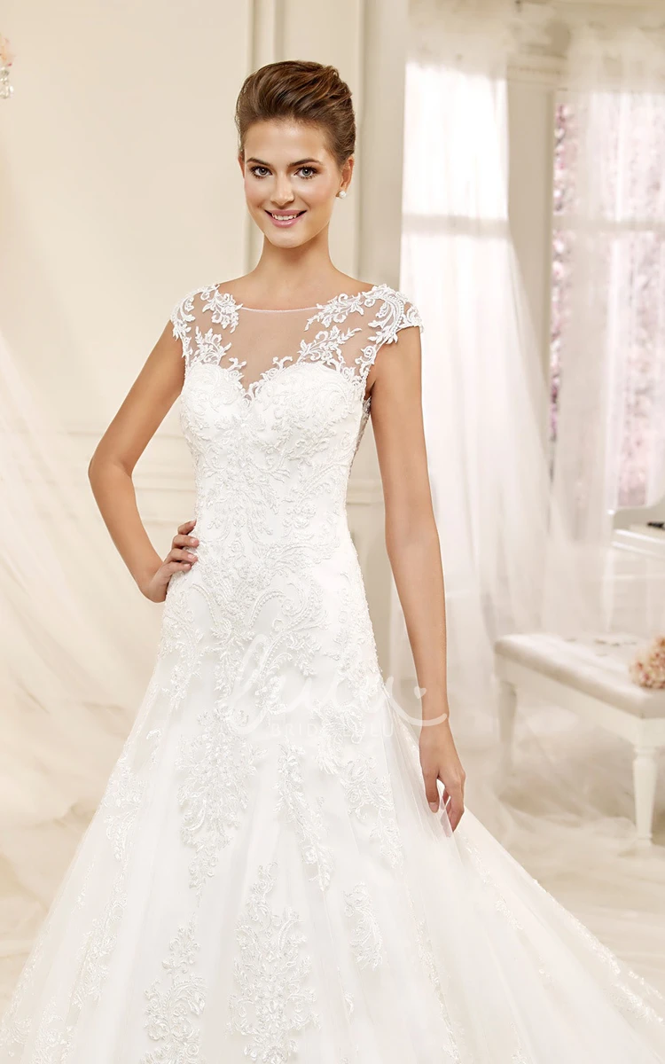 A-line Wedding Gown with Cap Sleeves Illusive Design and Appliques