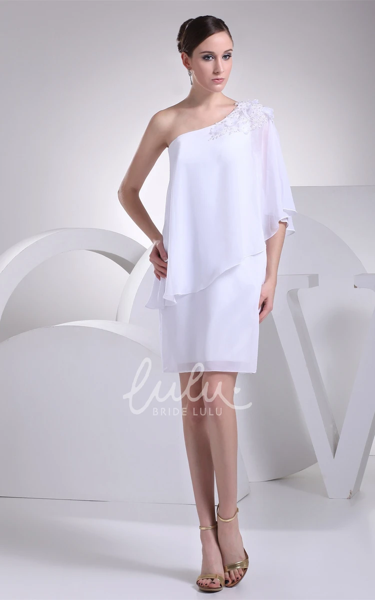 One-Shoulder Chiffon Knee Length Wedding Dress with Beading Simple Beach Bridal Gown