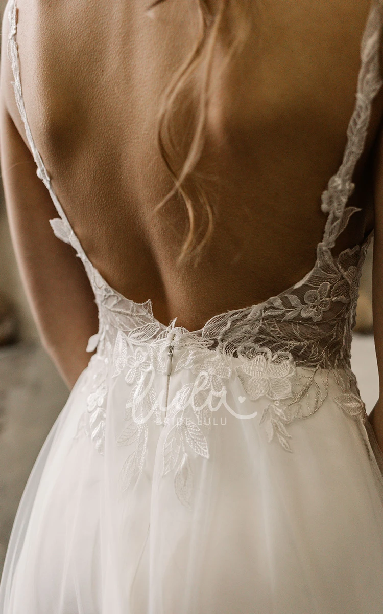 A-Line Ethereal Spaghetti Wedding Dress Straps Bohemian Tulle Lace Applique Backless