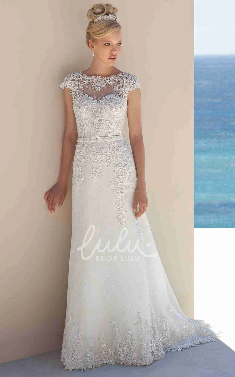 Jewel-Neck Lace Sheath Wedding Dress with Sleeveless Design